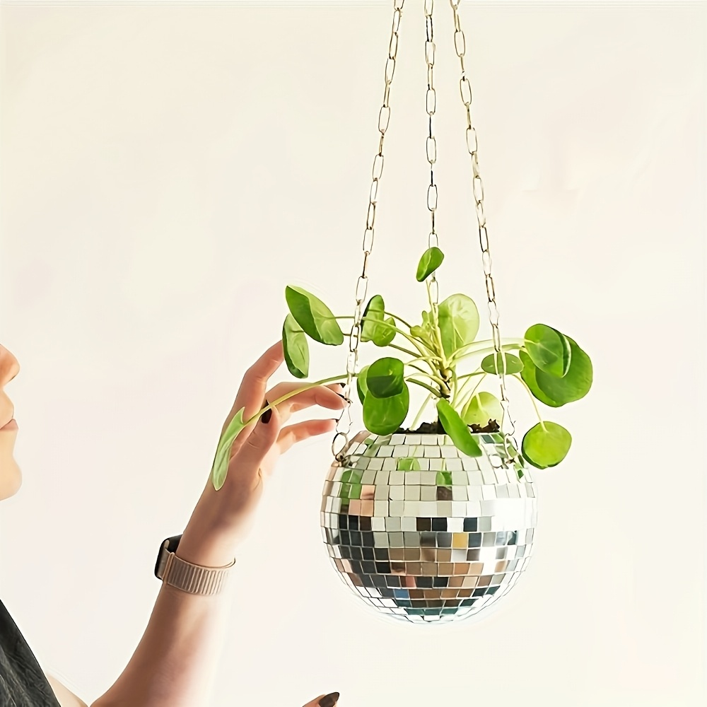 TEMU 1pc Jardinière Suspendue avec Chaîne - Argentée pour Plantes d'Intérieur/Extérieur, Jardinière Suspendue Ronde Bohème pour Plafond/Clôture, Pot