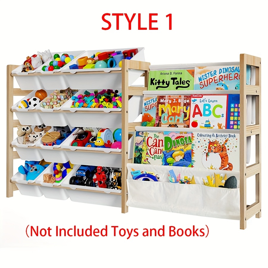 2in 1 Kids Bookshelf And Child Storage Organizer with 12 Bins And 4 Tier Book Shelf for Playroom, Classroom, Nursery Room, Bedroom, Kindergarten, School, Perfect Gift for Christmas, Halloween, Thanksgiving, Easy to Installation, Space Saving