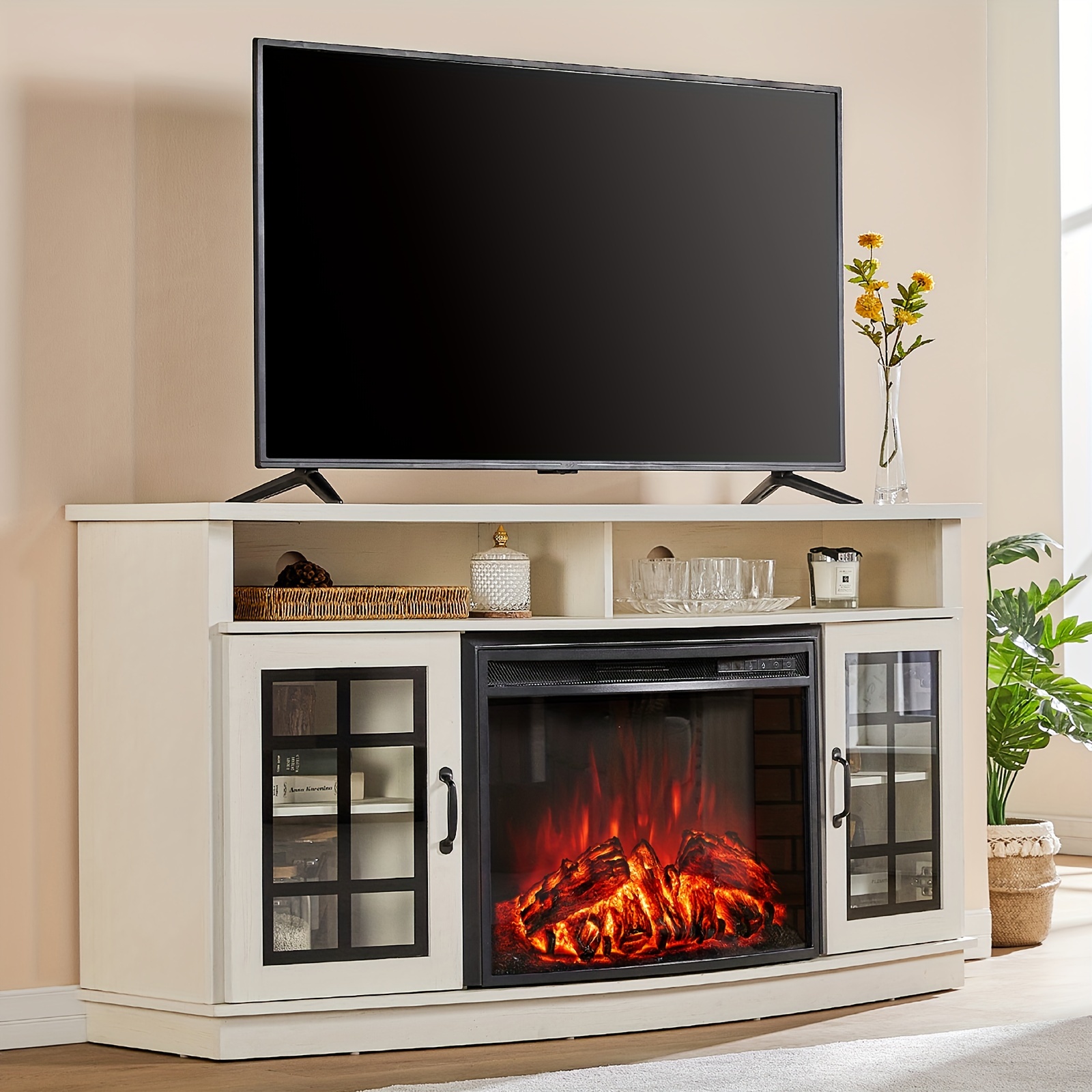 

Curved Tv Cabinet With 26" Electric Fireplace For Tvs Up To 65", Media Fireplace Table With Storage Farmhouse Glass Door