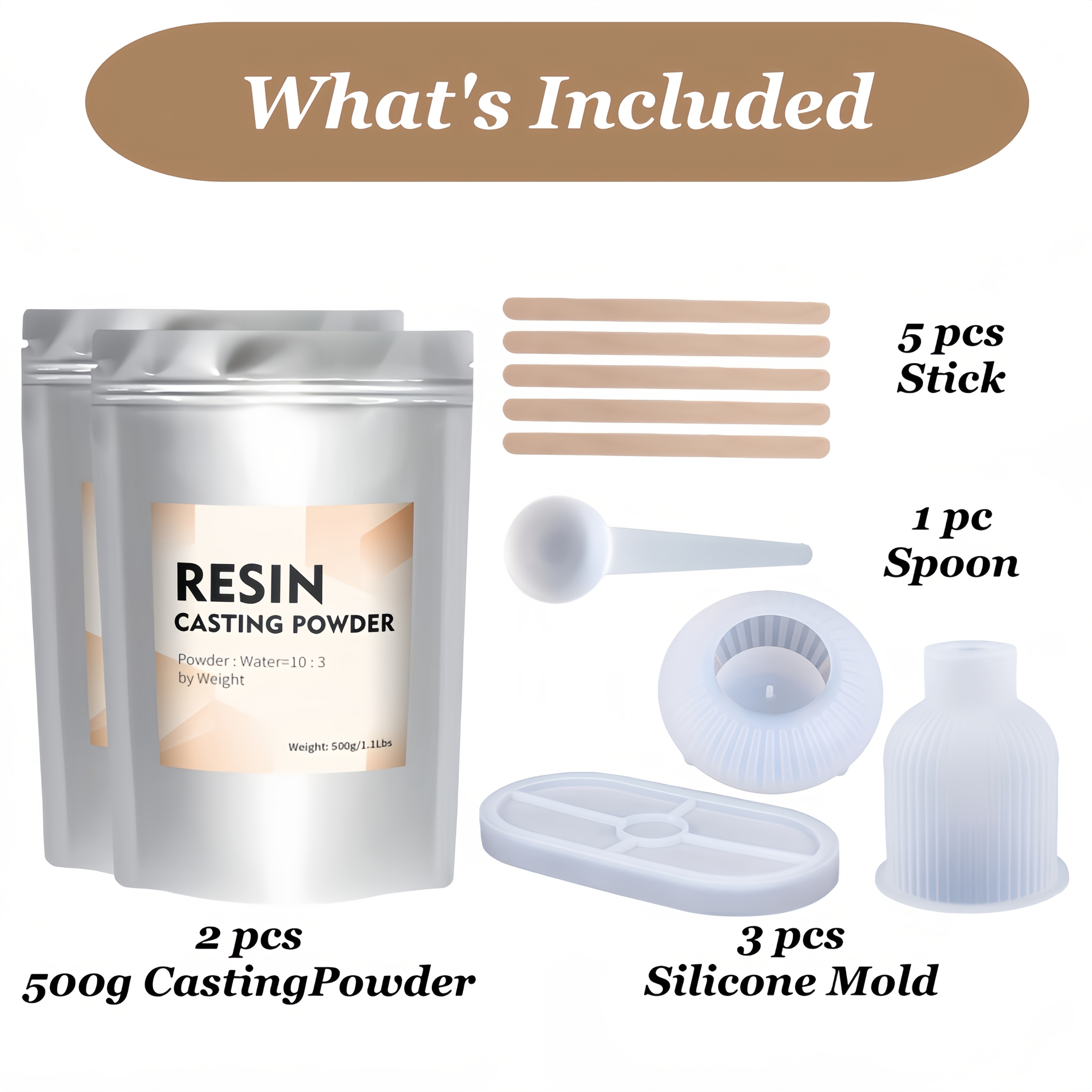 Image of 11pcs Cement Starter Kit Suitable For Beginners - Complete Diy Resin Pouring & Concrete Crafting Set With 2 Bags Of Casting Compound, 3pcs Molds, 5pcs Stir Rods & 1pc Spoon