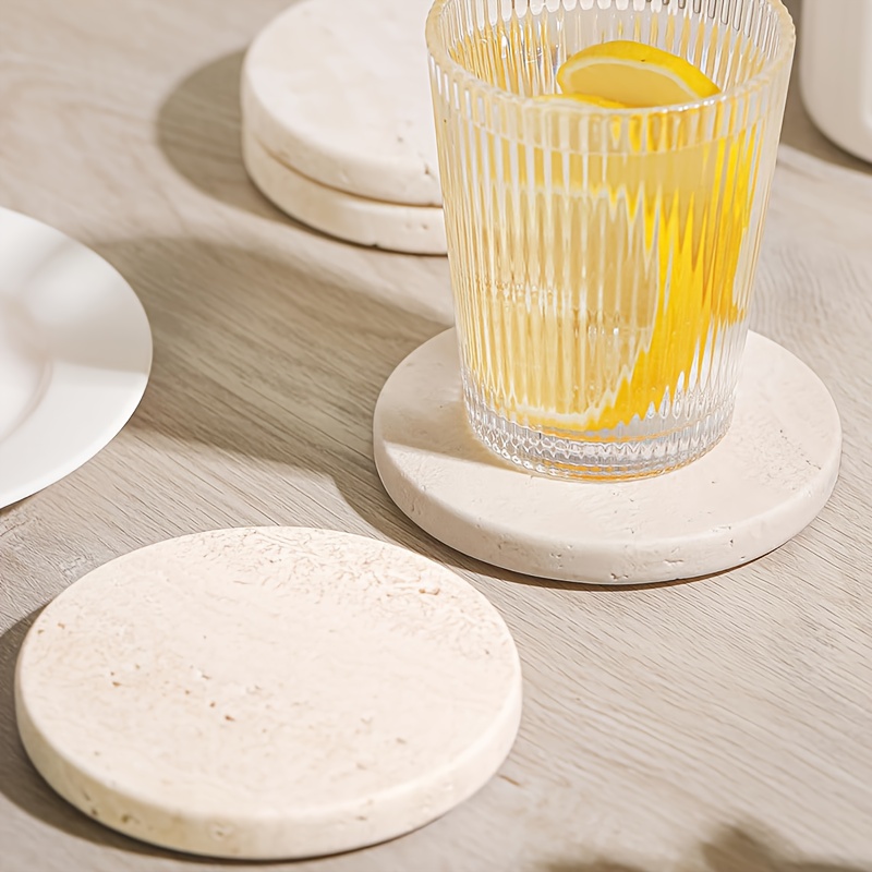 Set of 4 Natural Travertine Marble Coasters with Non-Slip Cork Backing - Round Stone Drink Coasters Suitable for Tables, Stain & Scratch Resistant, Elegant Natural Stone Table Protectors, Housewarming Wedding Gift, Durable & Aesthetic