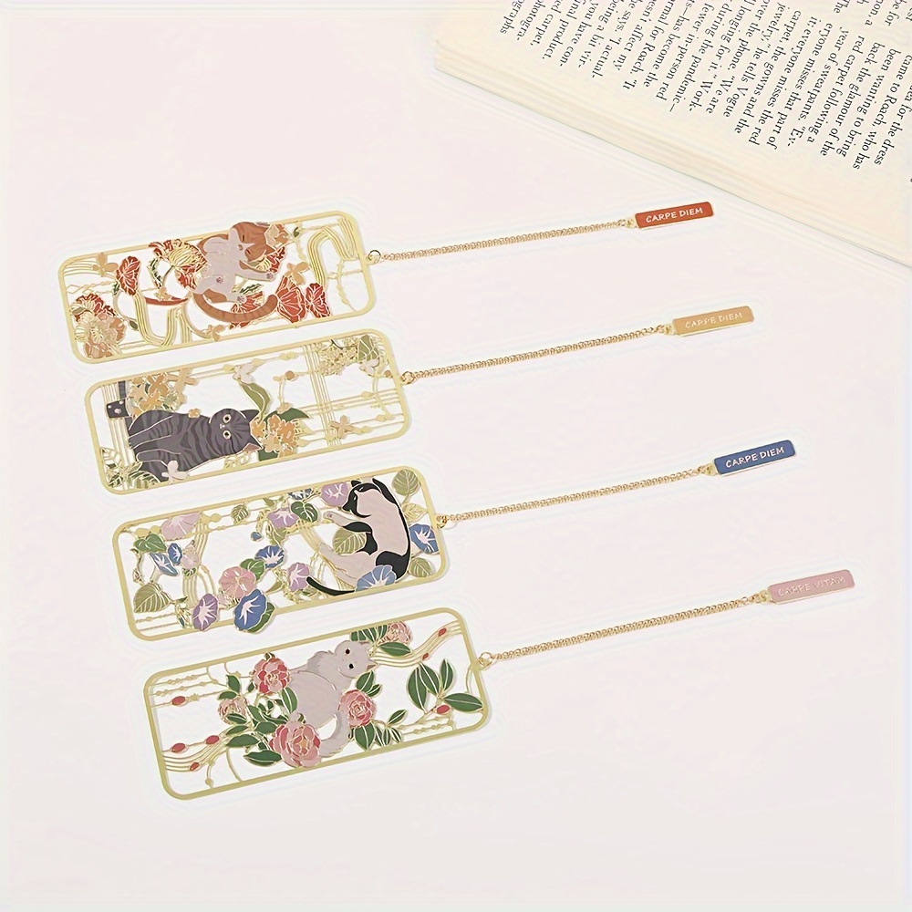 

Stainless Steel Bookmark With Chinese Design, Elegant Floral And Cat Patterns, Hollow-out Artwork, 1pc Gift Set For Readers