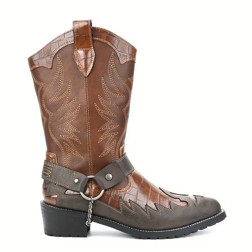 mens classic western cowboy boots with embroidered belt chain detail and chunky heel