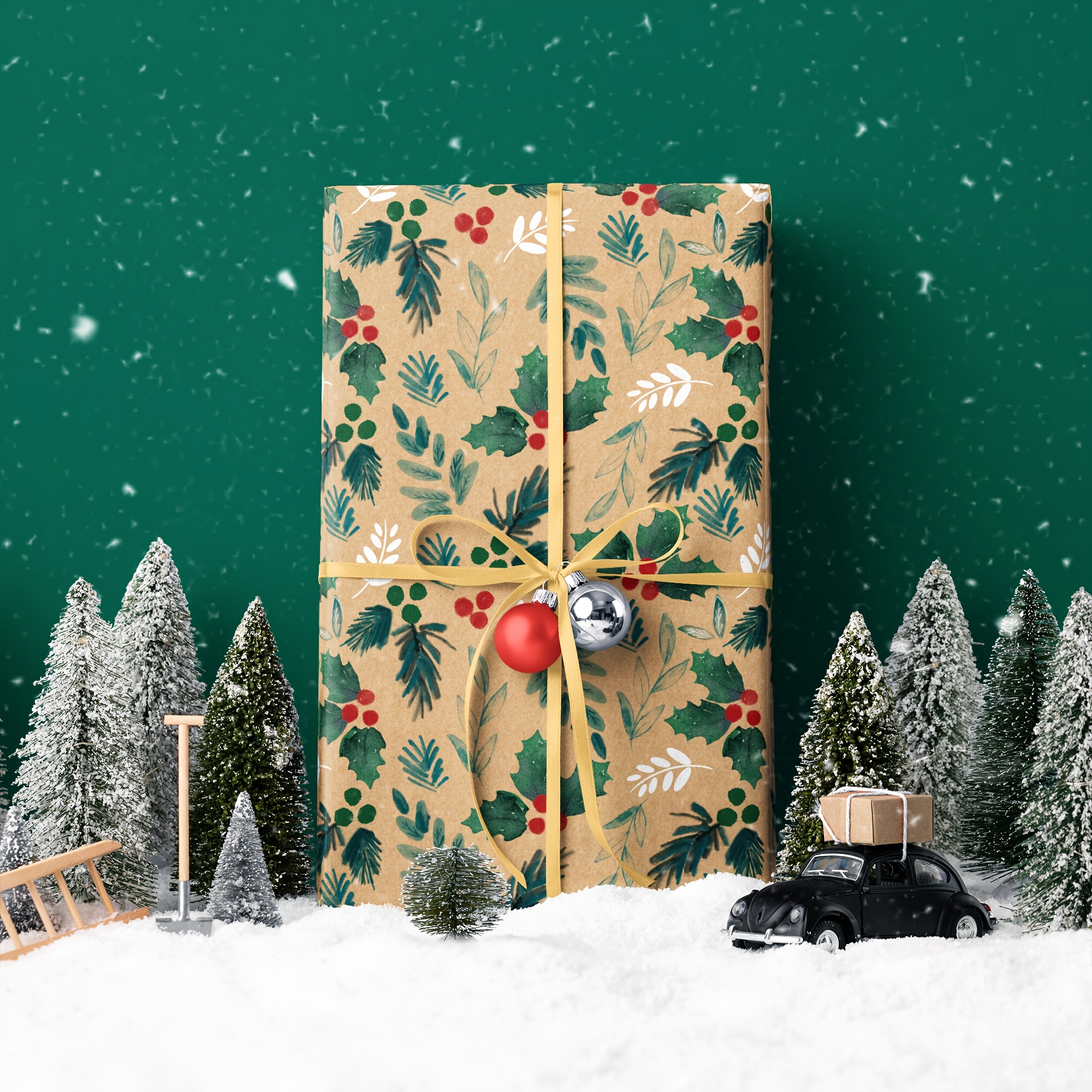 TEMU 1 Roll Christmas Wrapping Paper With Elegant Holly Leaf Pattern & Holly Leaves Brown Background - Thick Tear-resistant Gift Wrap Suitable For