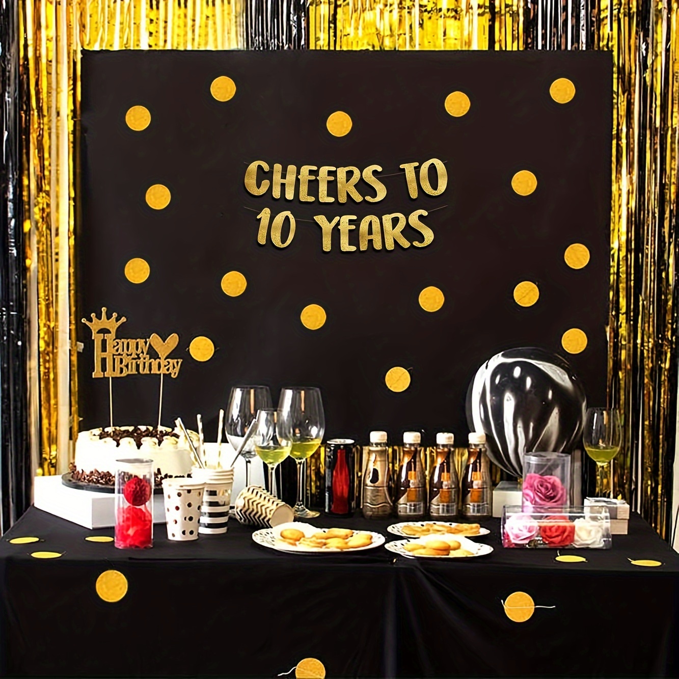 Image of Cheers To 10 Years Golden Glitter Banner - 10th Anniversary And Birthday Party Decor