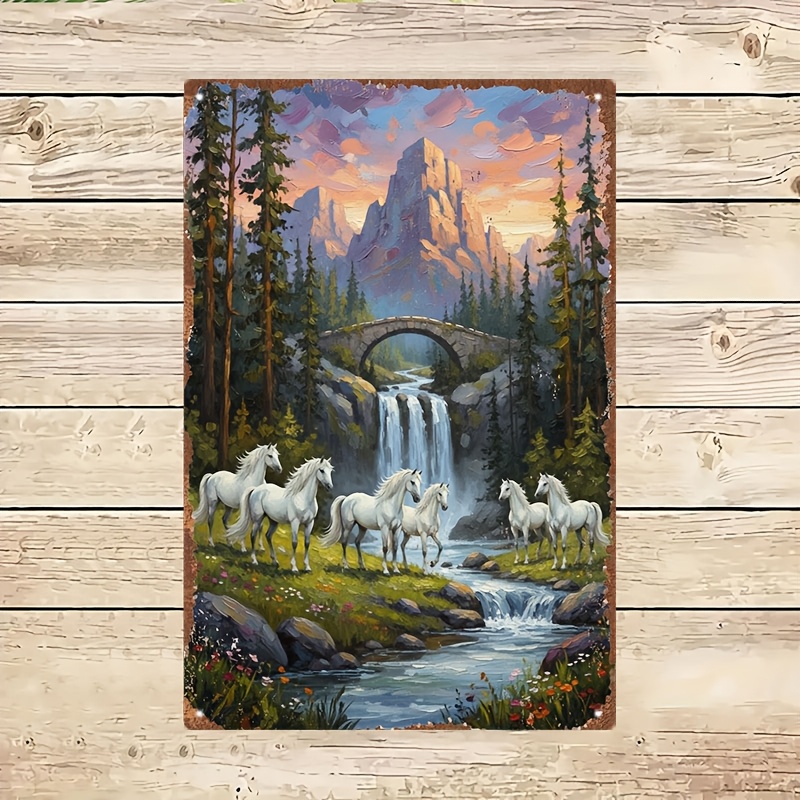 1pc of Vintage Tin Decorative Painting, Seven White Horses by The Stream Waterfall, Metal Sign, Metal Poster, Indoor Hanging Decoration, Suitable for Living Room Decoration, Bedroom Background Wall, Office Embellishment, Entrance Arrangement