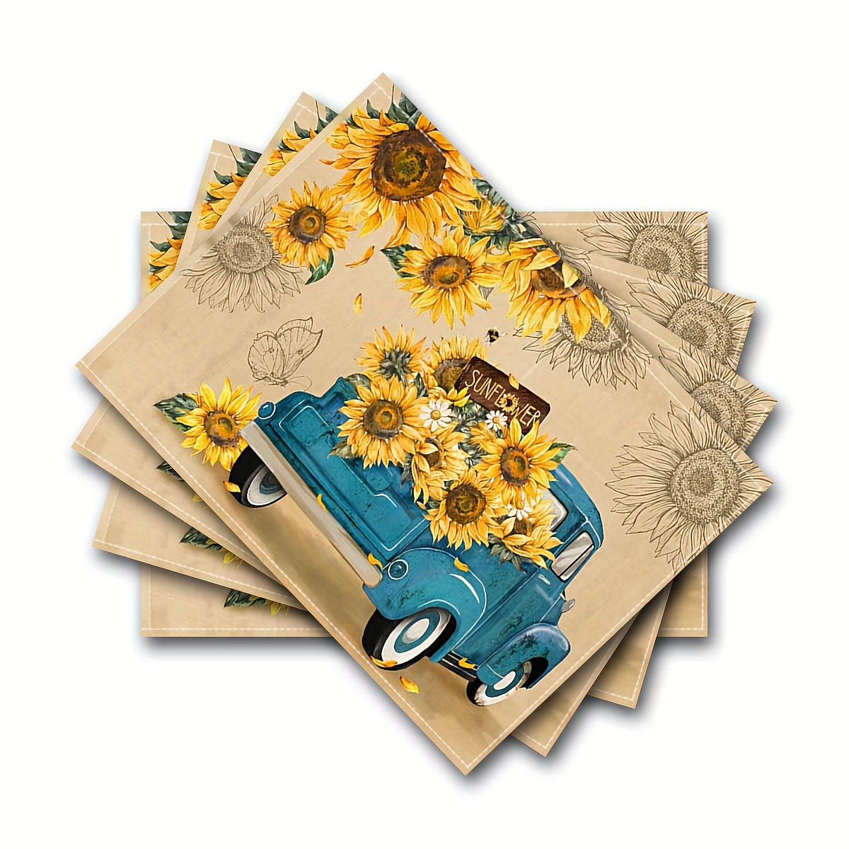 

4pcs, Table Pads, Sunflower Vintage Truck Design Placemats Set, Rustic Burlap Dining Table Mats, Retro Style Festive Linen Place Mats For Kitchen Table Decor & Indoor Dining