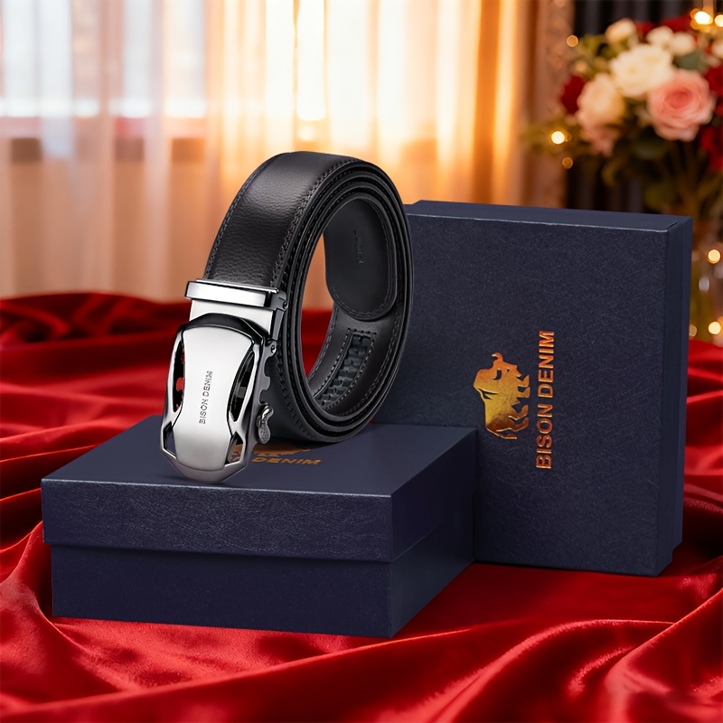 BISON DENIM Men'S Automatic Buckle Casual Belt | Second Layer Cowhide, Business Formal, Daily Multi-Functional, Adjustable, Genuine Leather, Zinc Alloy Golden Buckle, Gift Box, Suitable for Valentine'S Day and Christmas Gift