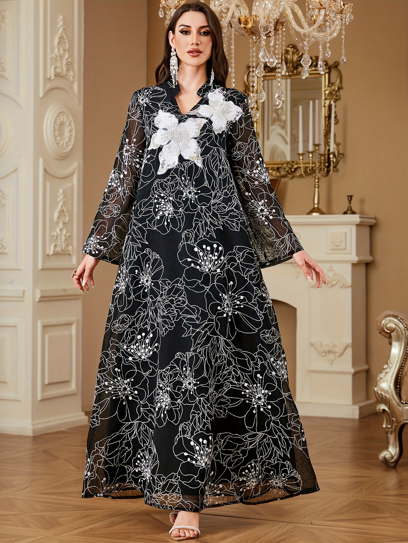 chinese dress ladies Women V Neck Long Sleeve Loose Caftan Dubai Abaya Arab Robe Islamic Mu main image 1