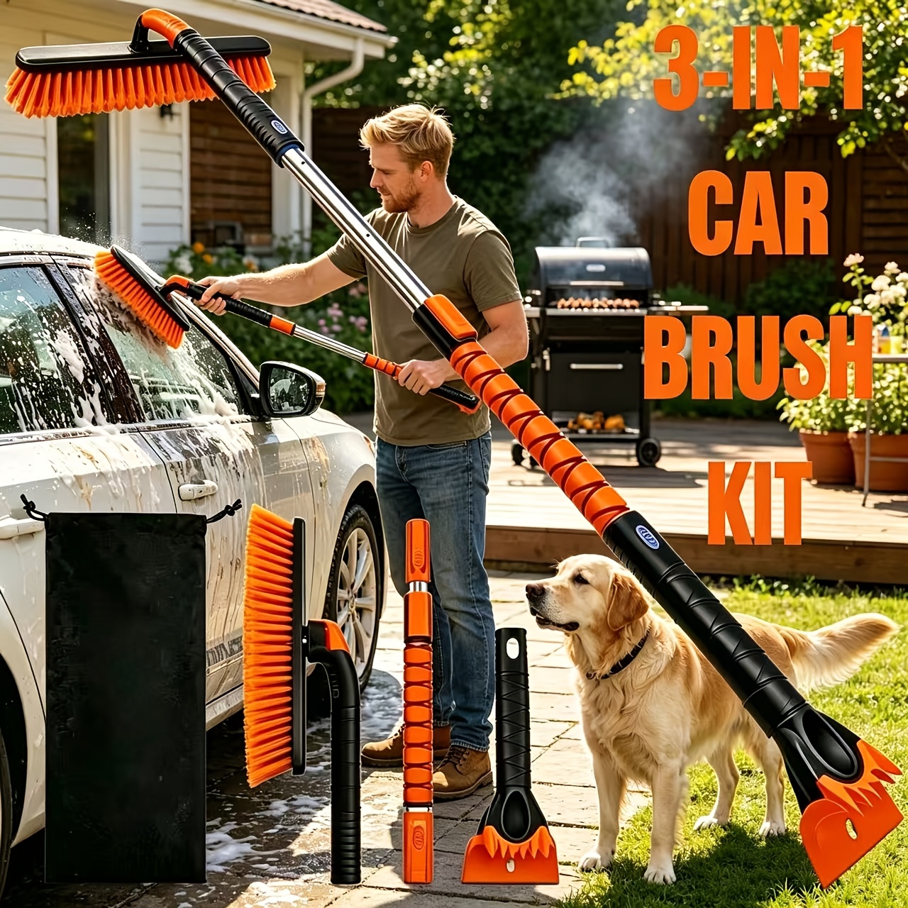 TEMU 2026 Gift! 3-in-1 Car Brush Set. Car Brush Can Year Round Of Removing Car Stains And Summer, Cleaning Tire Stains, With An Ice Scraper For In