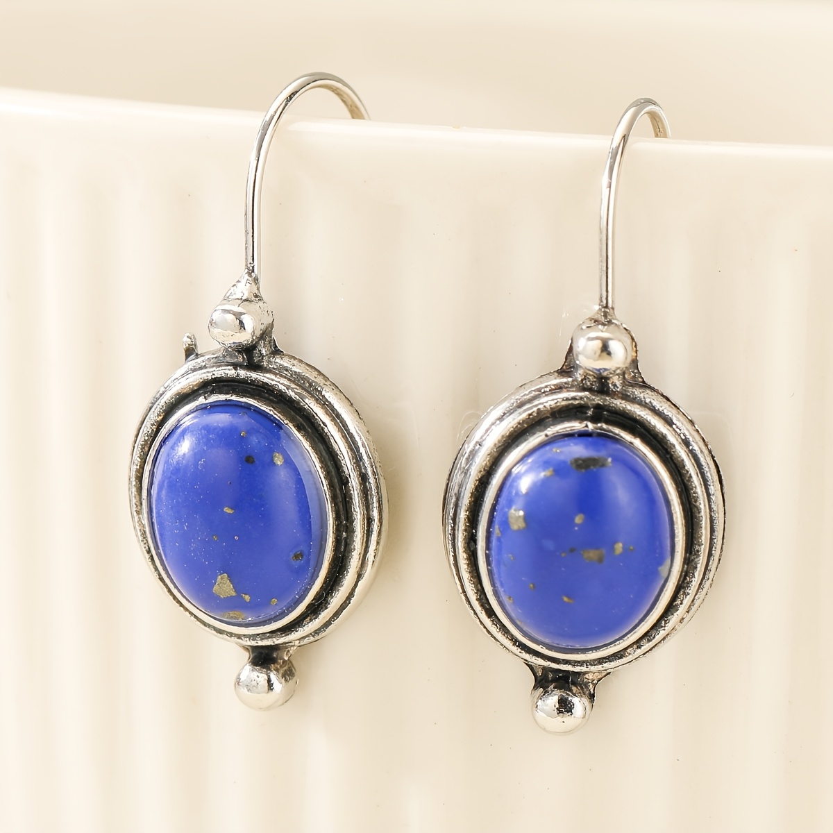 Retro Women's Oval Pendant Earrings with Blue Main Stone
