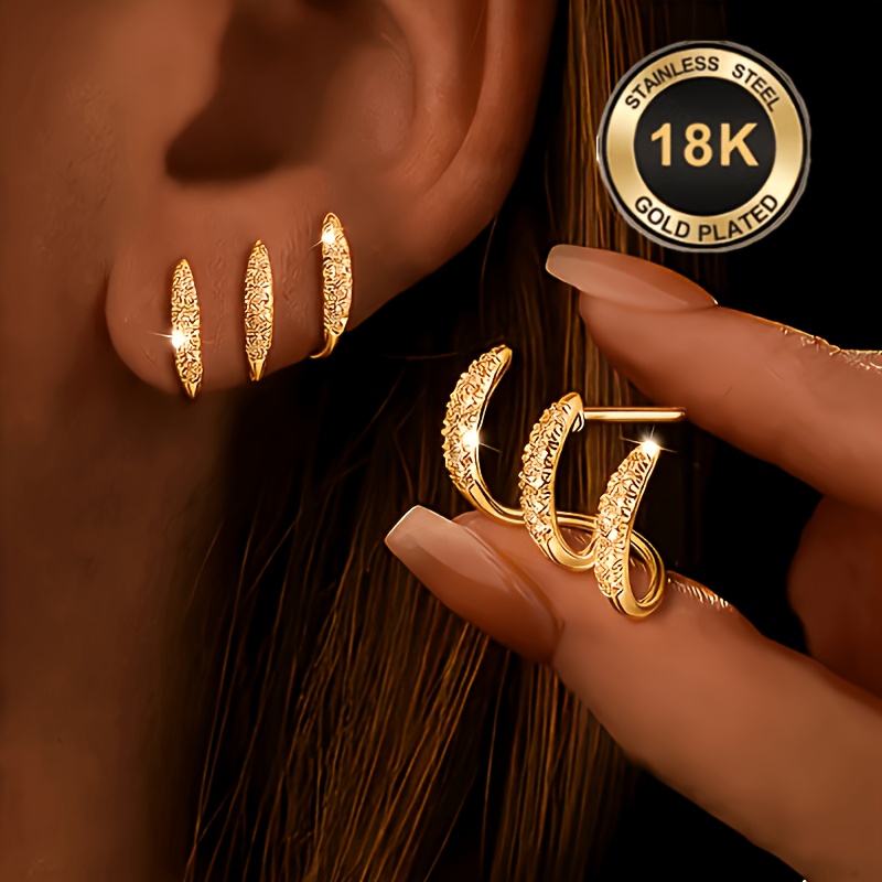 1 Paire - Boucles d'oreilles courbées à trois griffes pour femme, plaquées or 18K, au design éblouissant et luxueux. Le style unique convient au port quotidien, aux festivals de musique et à diverses occasions. Un cadeau parfait pour les femmes, hypoallergénique
