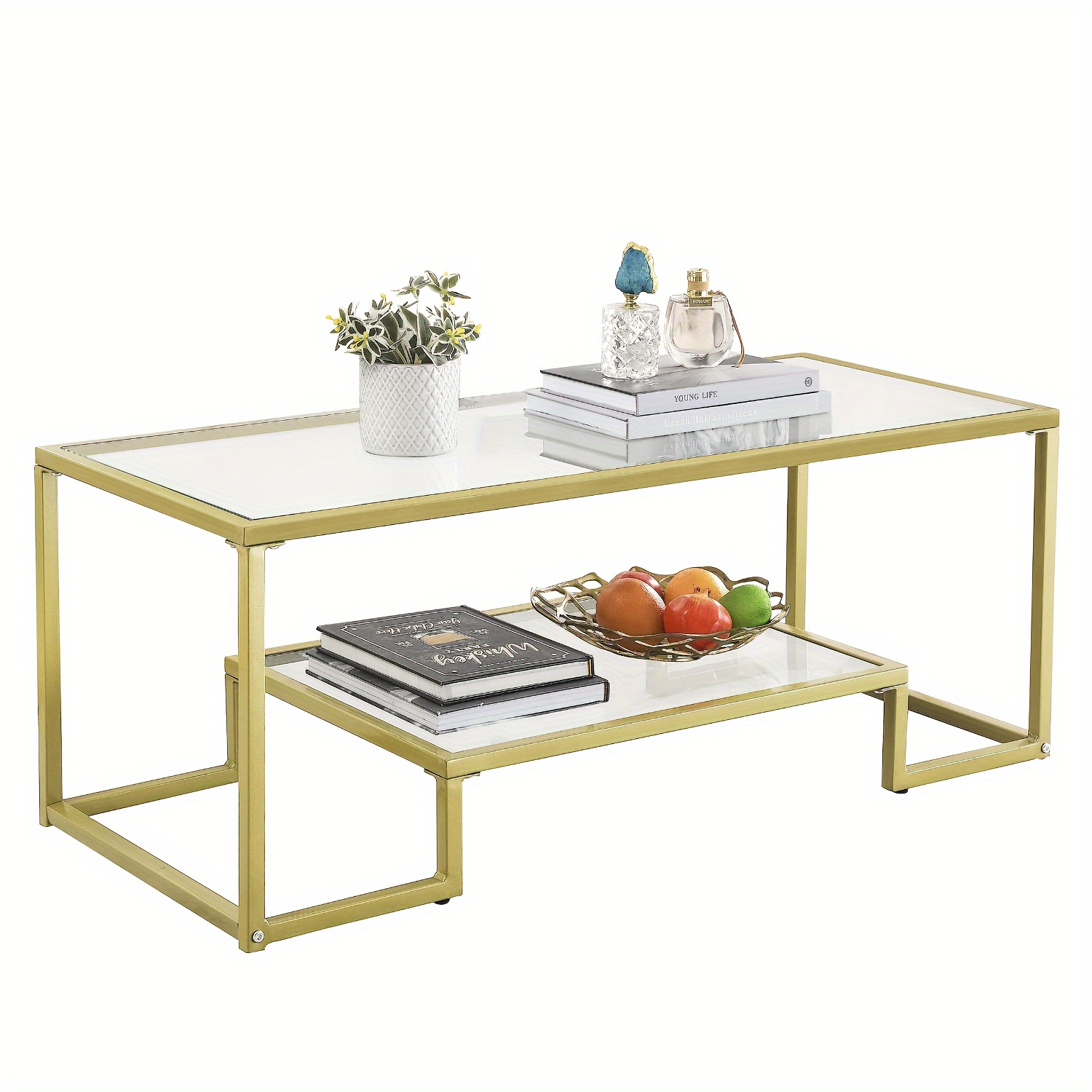 

Glass Coffee Table Modern Rectangular Coffee Table With 2-tier Storage Shelf And Sturdy Metal Frame Center Table Easy Assembly For Living Room