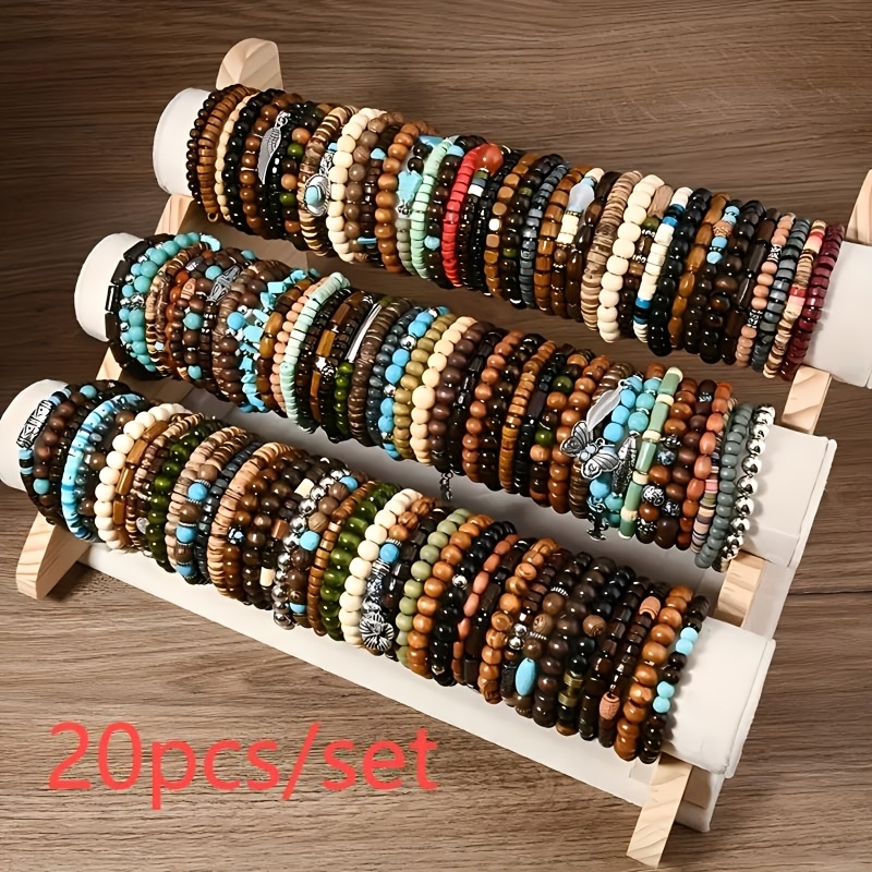 E-shop 10/20 Stück Set Holzperlen Armbänder mit Anhängern, Handgemacht, , Unisex, Paar Schmuck, Zufällige Stile