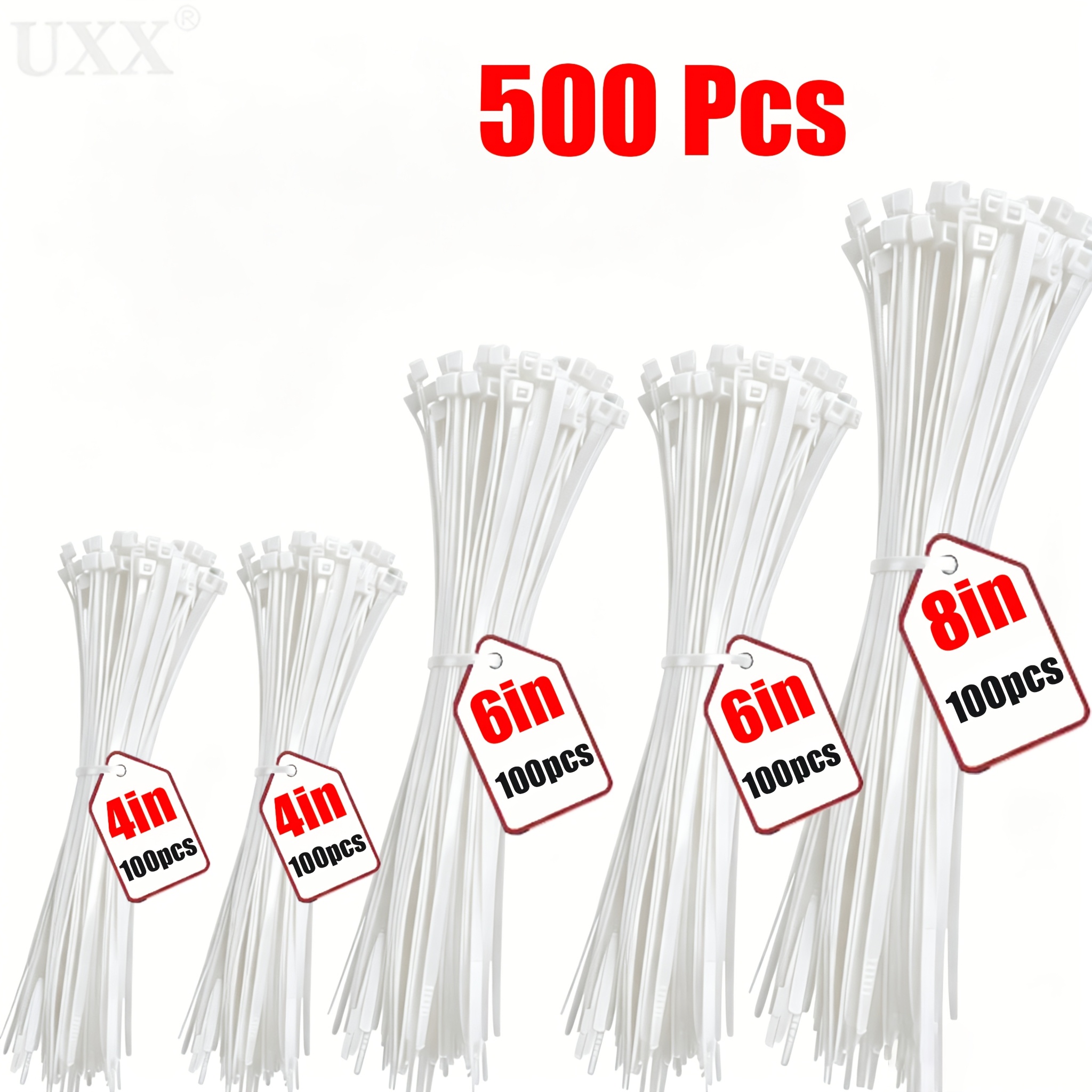 TEMU Lot de 500 attaches-câbles auto-bloquantes en nylon blanc à haute élasticité, disponibles en tailles 4, 6 et 8 pouces. Convient pour la fixation