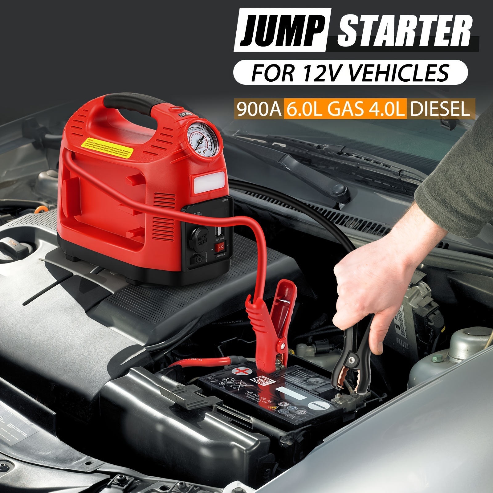 

Jump Starter With 260 Psi Air Compressor, 900a Battery Pack For Up To 6.0l Gas Or 3.0l Diesel Engine, Portable Battery Charger Power Bank 4-in-1 Battery Jump Box With Jumper Cable, Fast Charge, Light