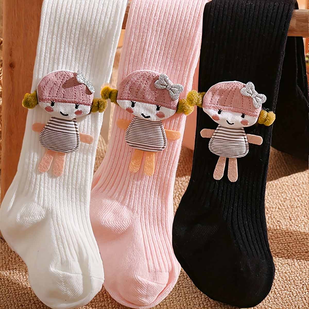 Image of 3pcs Girls' Decorative Leggings/tights With Single Right Side Foot Decoration. Each Doll's Clothing Stripes Are Different, With Random Stripe Patterns