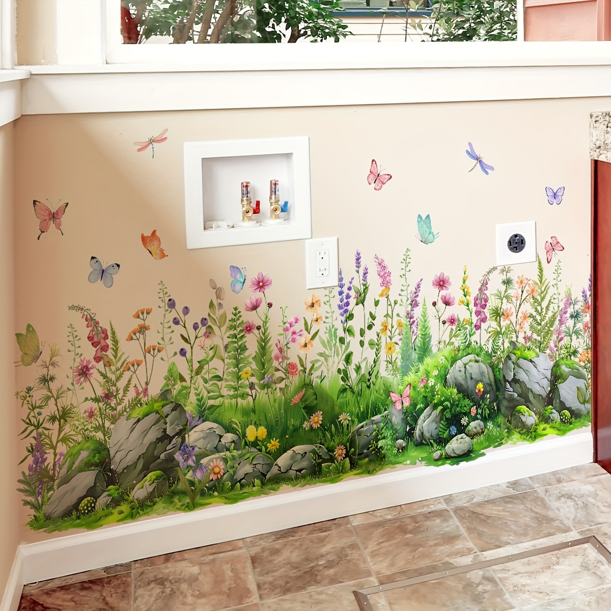 

Contemporary Pvc Wall Decal - Garden Flowers And Butterflies Wall Sticker, Self-adhesive, Single Use, Detachable, Plant Theme For Bedroom, Living Room Decor (30x90cm) - Ms9009-yj