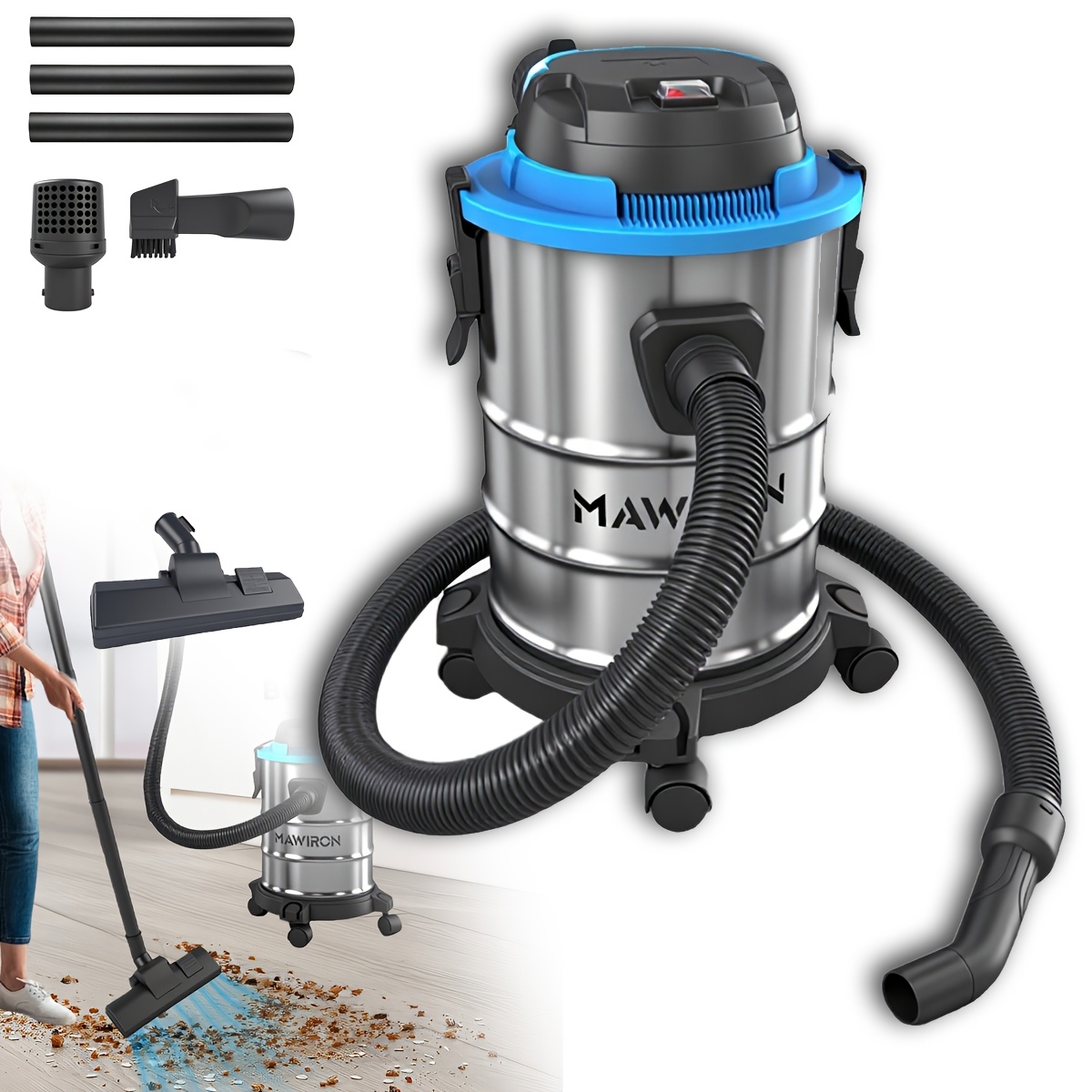 Image of 600w Vacuum Cleaner, 3in1 20l Heavy-duty Wet And Dry Vacuum Cleaner, Stainless , Blow Connection, 4 Castors, Suction Hose + Extension, Floor Nozzle, For Basement, Garage, Kitchen, Patio