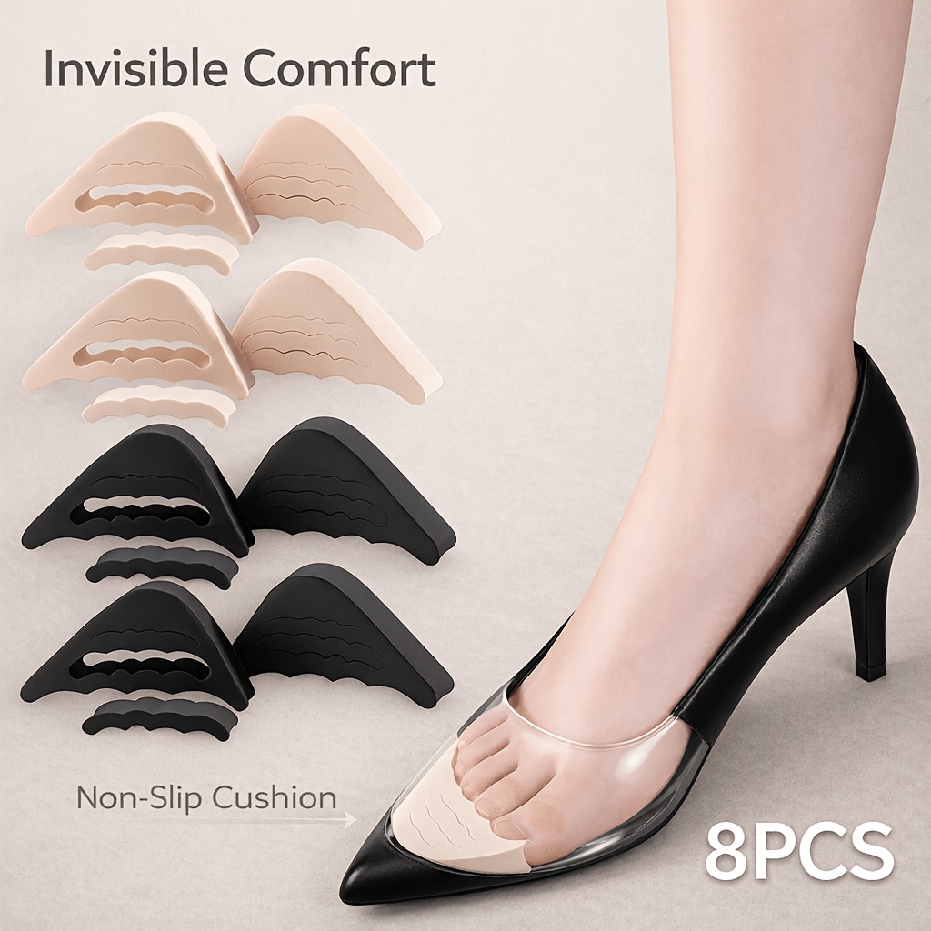 E-shop 8 Stück Memory Foam Zehenpolster, unsichtbare rutschfeste Vorfuß-Einlagen für High Heels und Freizeitschuhe, weiche -Schuhpolster für Pumps,