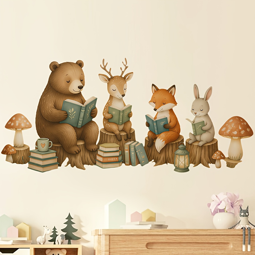 TEMU 1pc Forest Animal Reading Wall Sticker Bear Deer Fox Rabbit Sitting On Stump Reading Mushroom Lantern Reading Corner Background Wall