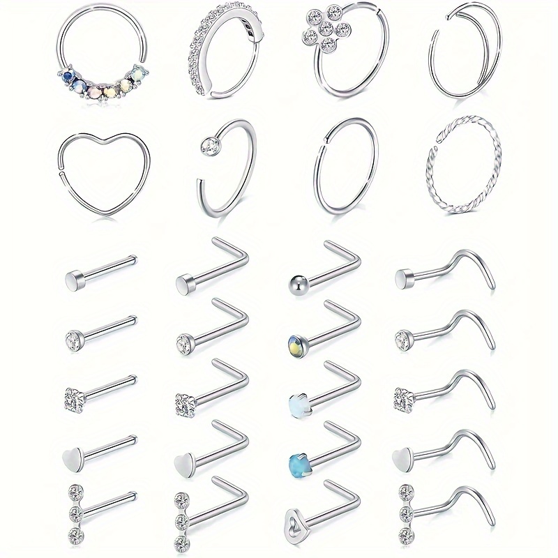 

28pcs Stainless Steel Nose Rings Hoop L Shape Nose Nose Screw Bone Silvery Rose Ra