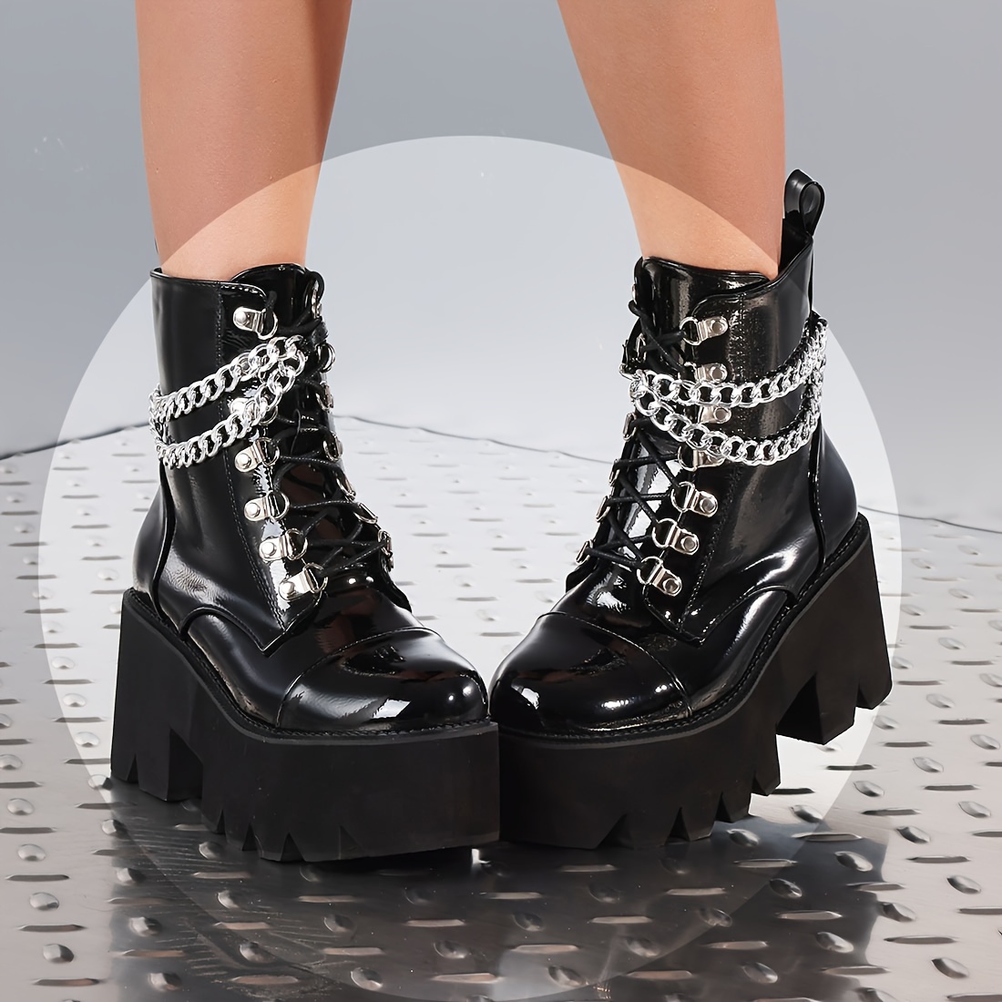 

Women Gothic Ankle Boots Platform Chunky High Heel Punk Shoes Chain Street Halloween Combat Motorcycle Short Boots For Women