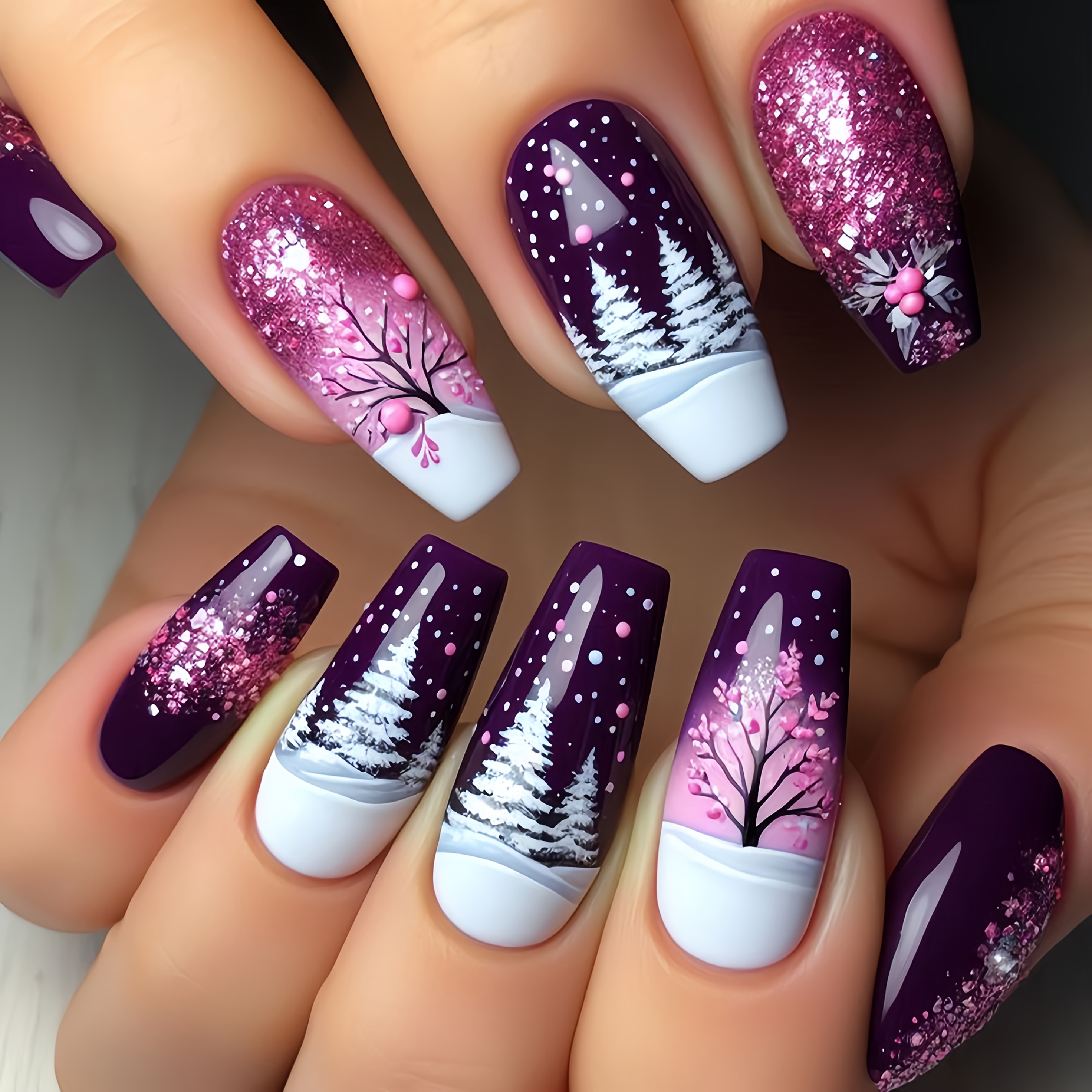 Image of Christmas Nail Stickers, Medium-length Ballet-shaped Snowy Fake Nails, Pink-purple European And American Holiday Nail Art, Press-on Nails