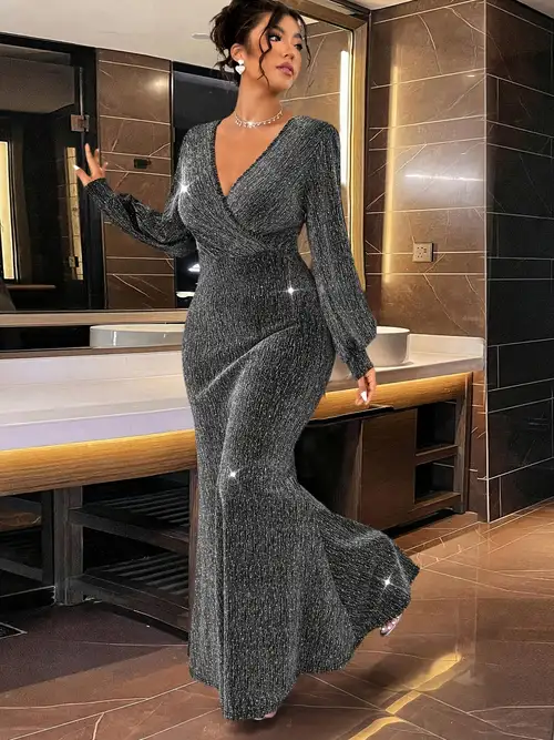 Maxi Dress Silver Plus Size Dress With Sleeves Plus Size Womens Satin Formal Dress Long Sleeves Maxi Dress Silver Plus Size Dress With Sleeves Plus Size Womens Satin Formal Dress Long Sleeves