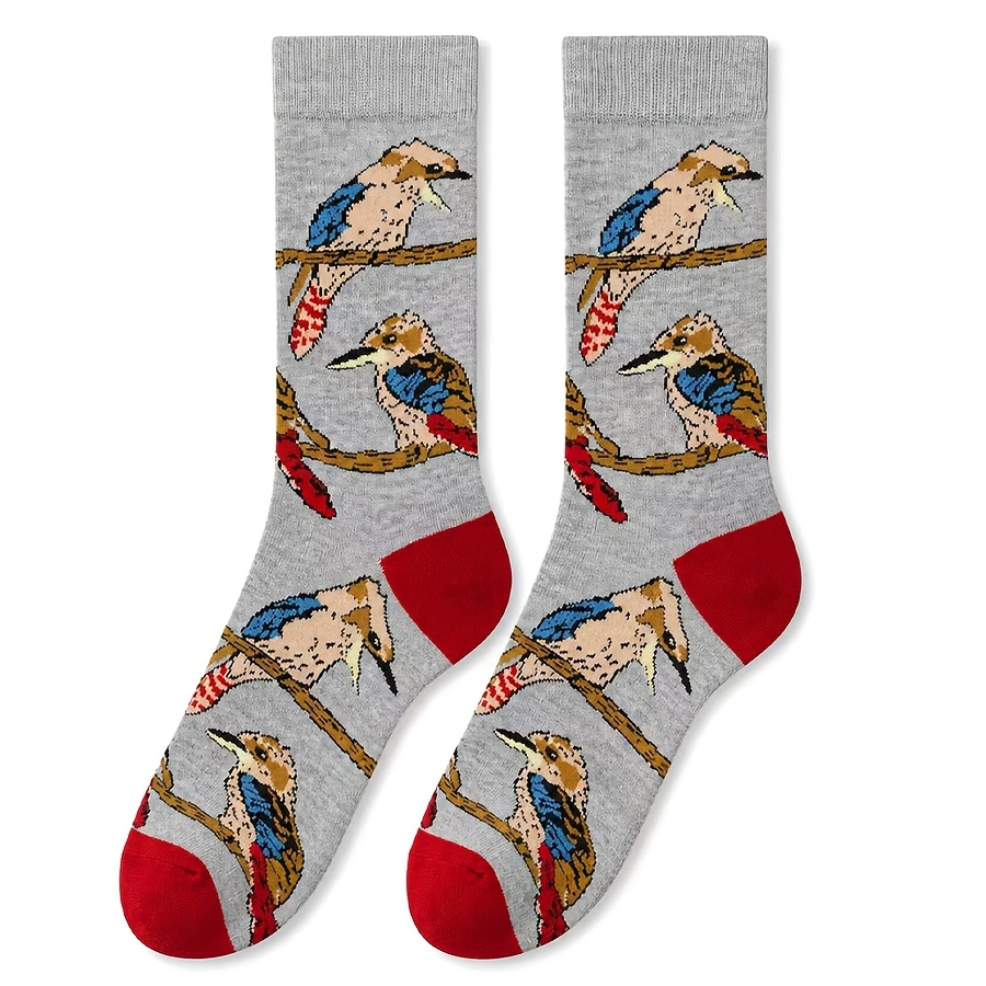 TEMU 1 Pair Men's Realistic Bird Knit Mid-calf Socks, Retro Color Contrast | Breathable & Sweat-wicking | Slim Fit | High Elastic, Soft & Non-tight,