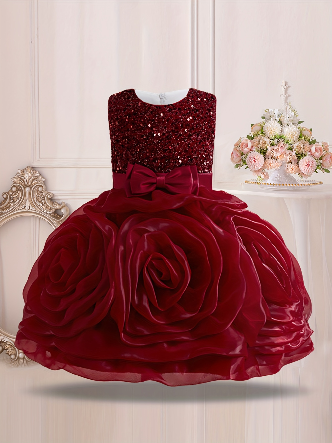 vintage girls sequin princess big flower party tulle gown - Temu Qatar
