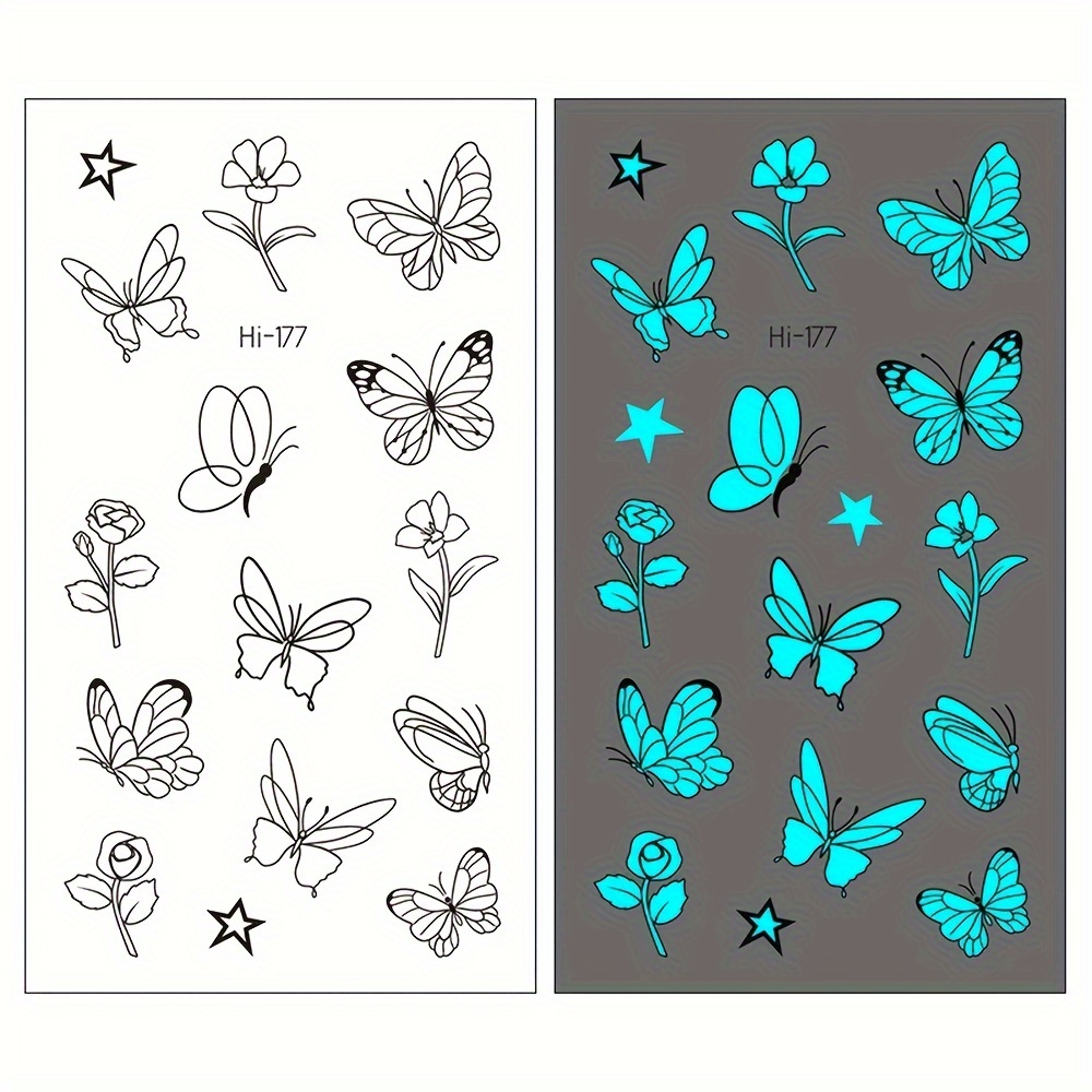 Temporary Tattoo Stickers Featuring Small, Branches With A Blue Glow, Waterproof And With Glittery Patterns Of Stars, Butterflies, And Leaves, Suitable For Men And Women For Body Art