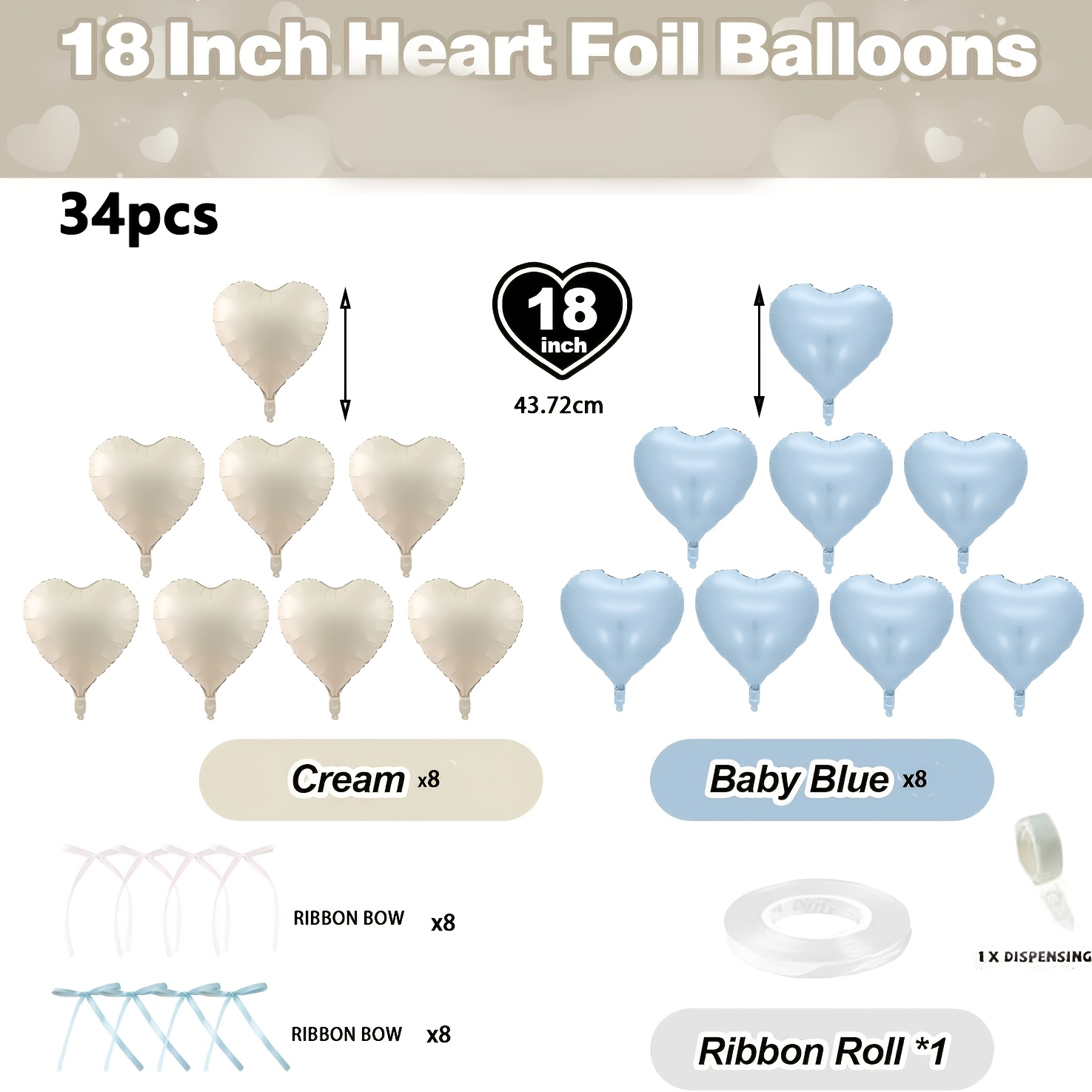 34pcs Set Of Blue And White Heart-shaped Balloons, 18- Cream Foil Heart Balloons, With Blue And White Bow Ribbon, Blue Naked Heart Balloons, Suitable For Valentine's Day Graduation Parties
