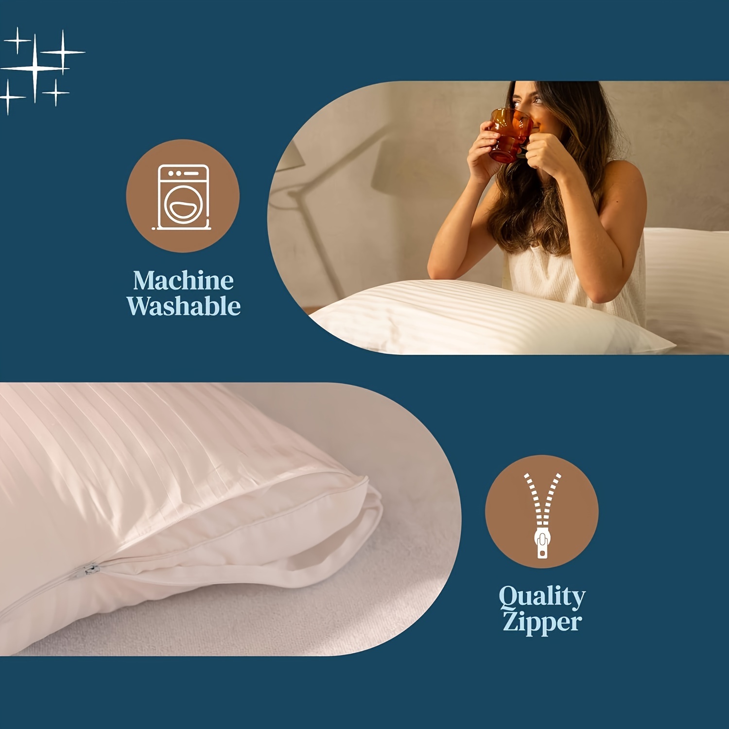 Luxury Hotel Quality - Set of Four - Premium White Zip-off Striped Pillowcase - Comfortable Soft Satin - Pillow Protector