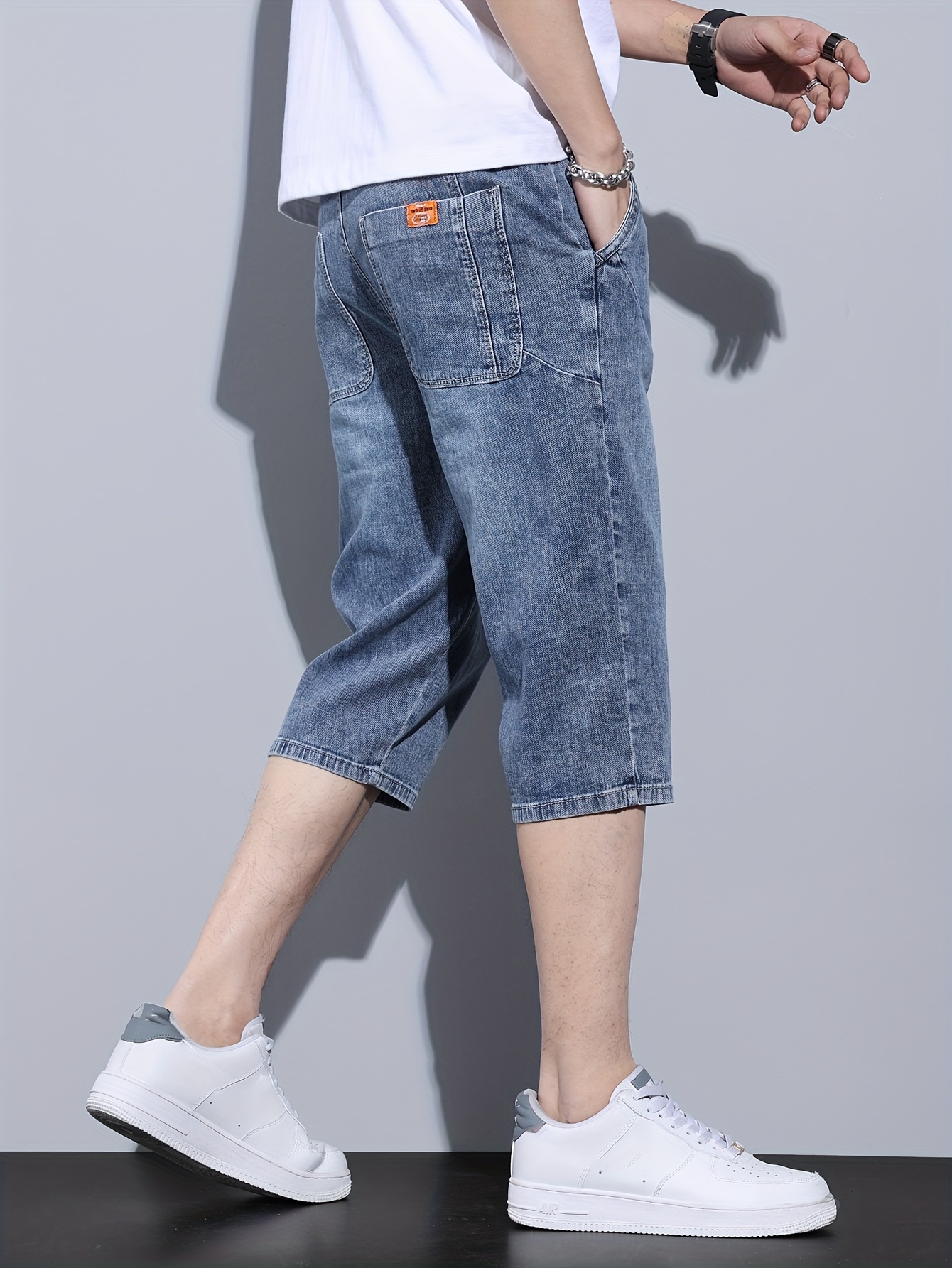 short en denim et respirant pour homme Pantalon décontracté  mi-hauteur extensible de haute qualité avec ceinture élastique, bleu uni, p