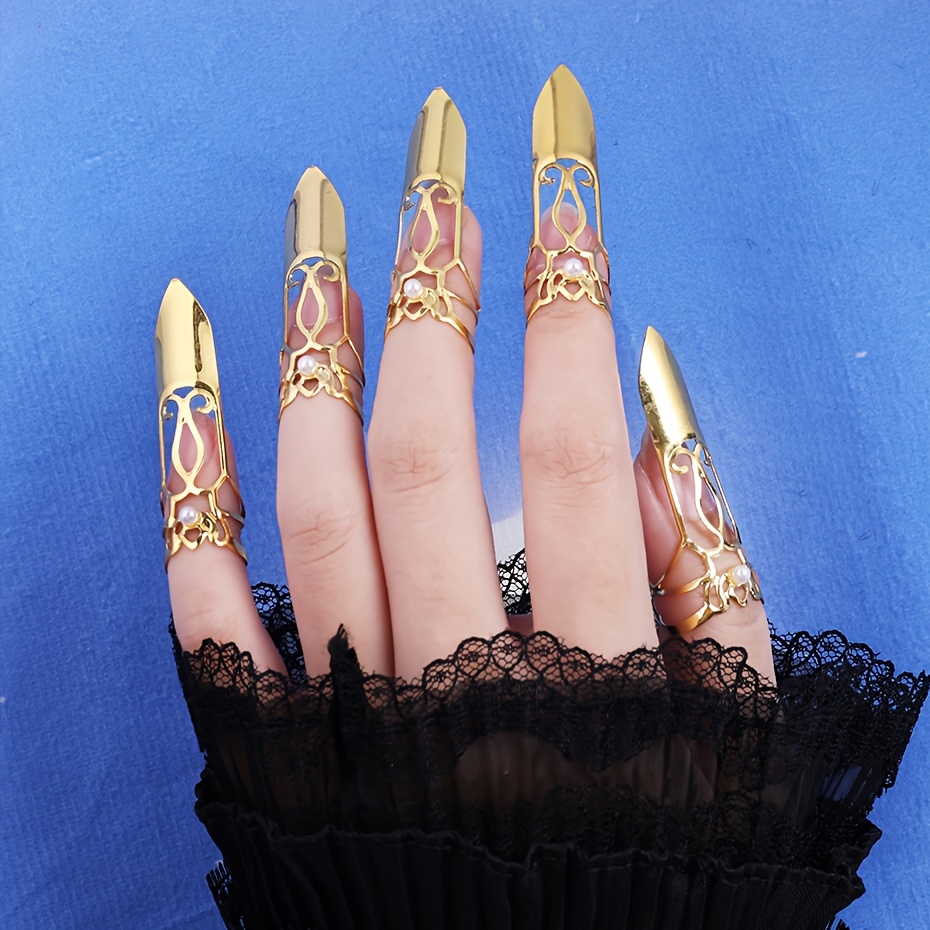 TEMU 5pcs Chinese Imperial Nail Rings & Armor Finger Cots - Adjustable Threaded Nail Tips, Historical Hanfu Accessories Suitable For, Themed Events,
