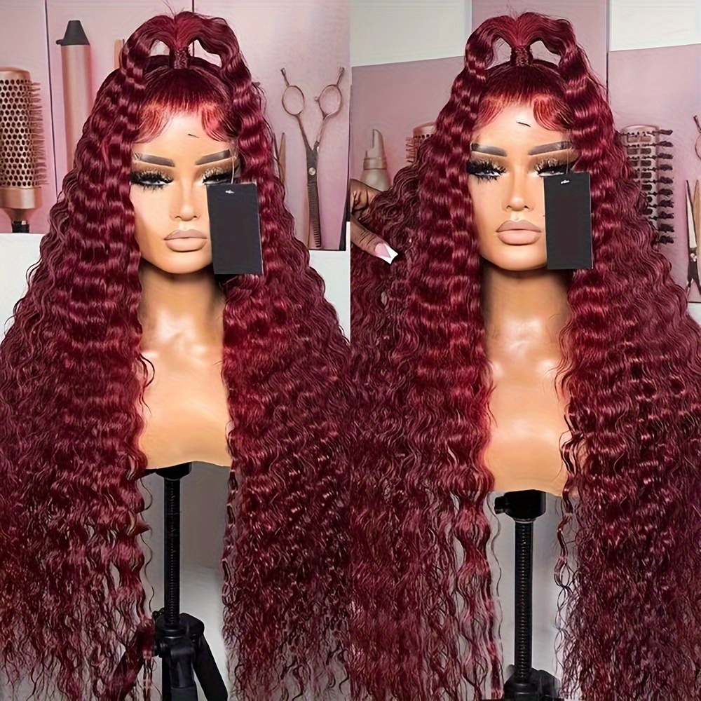 TEMU 32 Inch Burgundy Lace Front Wigs For Women 13*4 Inch Deep Part Space Synthetic Heat Resistant Fiber Super Long Loose Curly Wave Preplucked Hairline Glueless Red Lace Wigs For Daily Party Use