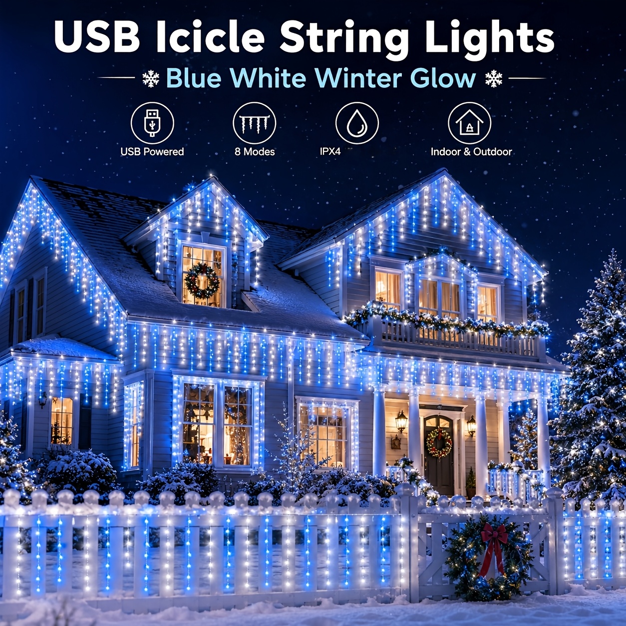 TEMU 194/104/47 LED Luci a Blu USB da Esterno, Catene Luminose a di Sospese, Luci Fatate Twinkle IPX4, Luci Natalizie Solari per Fustiglie Invernali,