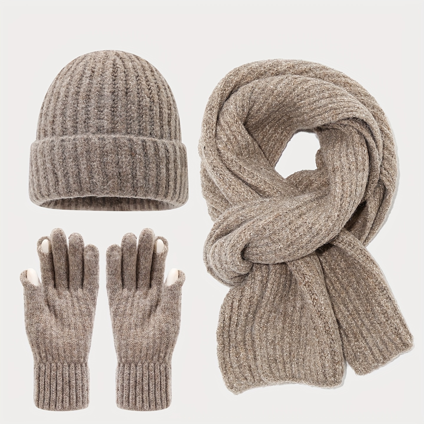 3pcs Winter Warm Set, Clear Finger Touchscreen Gloves, Scarf And Hat 3pcs Set, Unisex Winter Casual Decor All-match Warm Set