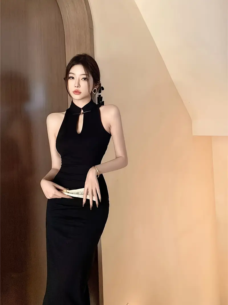 Women's * Retro Chinese Qipao Dress - * Collar & Slit Long Skirt, Bodycon Fit Machine-Washable Solid Black * Formal/Party/Everyday Dress, Evening Wear, Breathable Material, Formal Attire Women's * Retro Chinese Qipao Dress - * Collar & Slit Long Skirt, Bodycon Fit Machine-Washable Solid Black * Formal/Party/Everyday Dress, Evening Wear, Breathable Material, Formal Attire