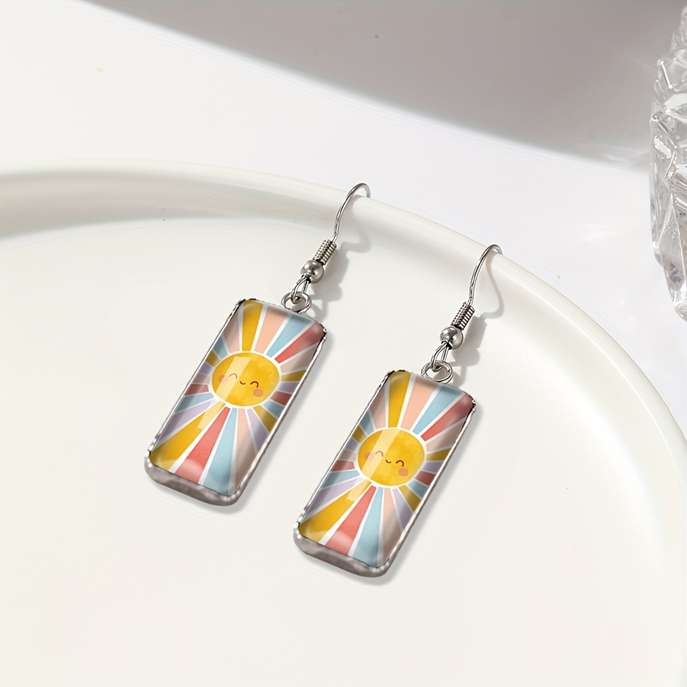 Smiling Sun Rectangular Earring, Irregular Glass Dome Gift