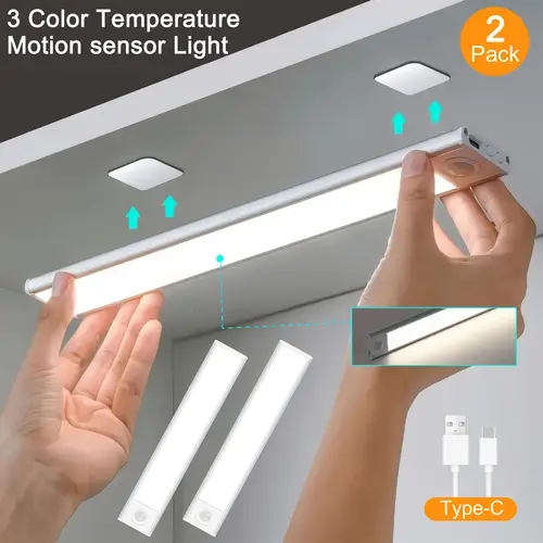 2 for wireless rechargeable motion sensor cabinet lights 3 color temperature stick on magnetic night light for kitchen closet wardrobe stairs