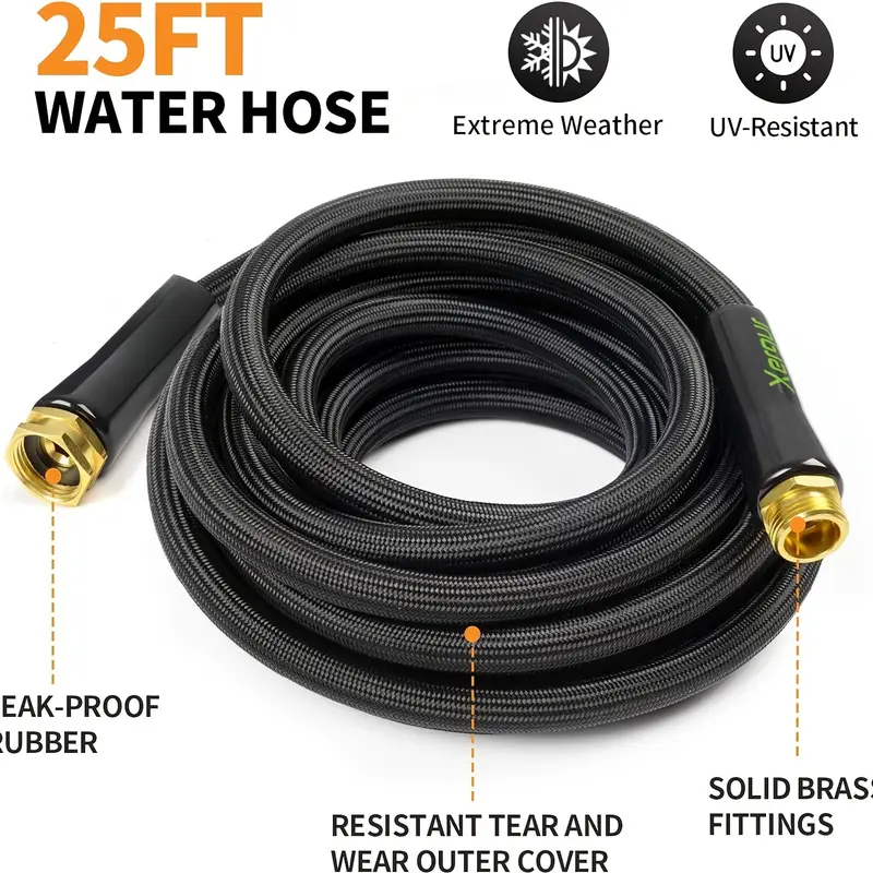 25ft heavy-duty flexible garden hose with solid brass fittings & double latex core - lightweight outdoor water hose, 3/4 diameter, uv-resistant, kink-free, portable coilable design for patio, car washing, pet bathing, lawn care - thread, durable rubber construction (black), patio watering, reinforced material, uvresistant material, home , pet owners Product details 0