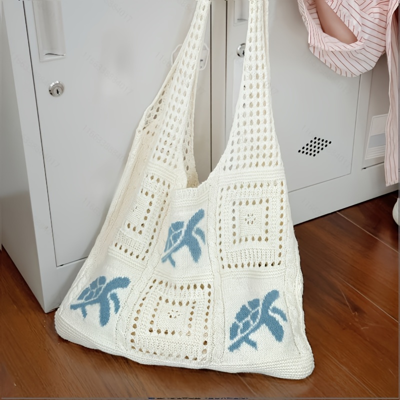 Women's Summer Crochet Beach Tote, Turtle And Palm-large Capacity Light Beige Polyester Tote With Open Top, Decorative Stitching And Fine Crochet For Leisure And Beach Travel, Durable Flowering