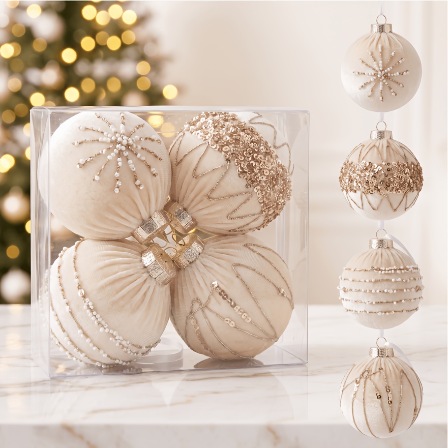 TEMU 4pcs Beige Christmas Decorations, 8cm/3.15inch Swan Velvet Christmas Balls, Christmas Ornaments, Colorful Balls, Hanging Balls, Christmas Tree
