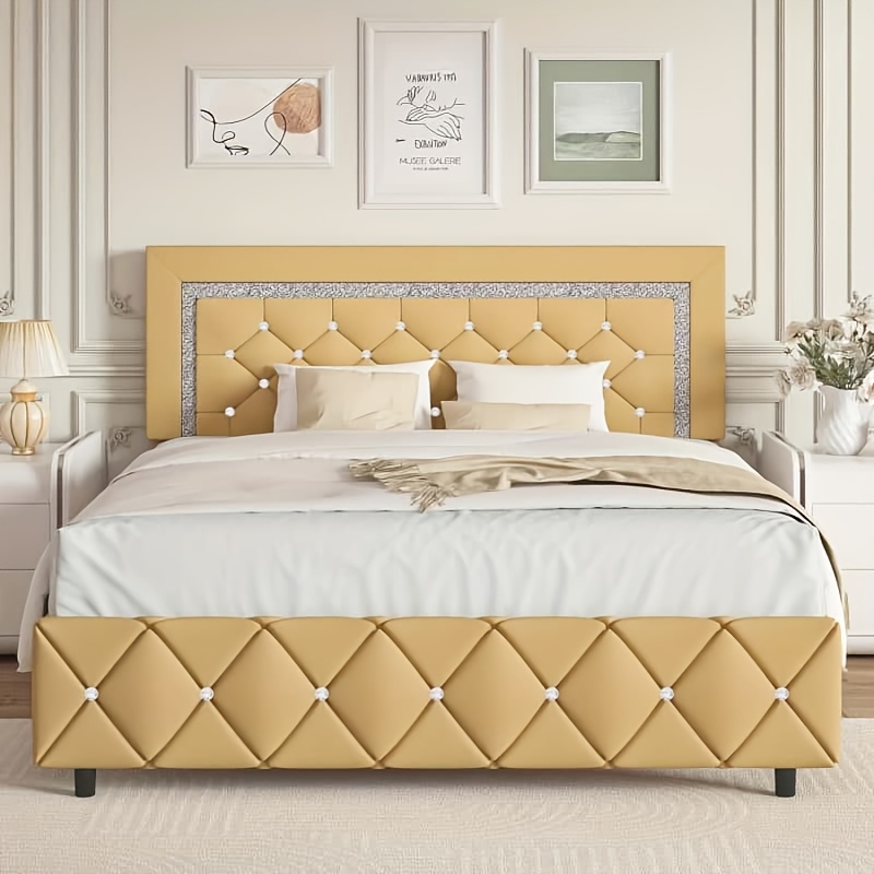 

Bed Frame, Cute Bed Frame Twin Size With Diamond Tufted Headboard, Upholstered Twin Bed Frames, Wooden Slats Support, Spring Needed