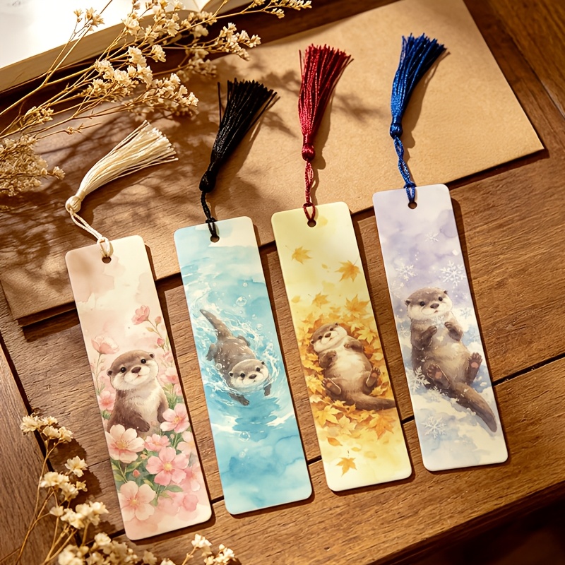 TEMU 4pcs, Otter Blue Warm Watercolor Pattern 1.5in*5.9in 2d Printed Pu Leather Bookmarks With Tassels, For Daily Reading Marking, Book Decoration,