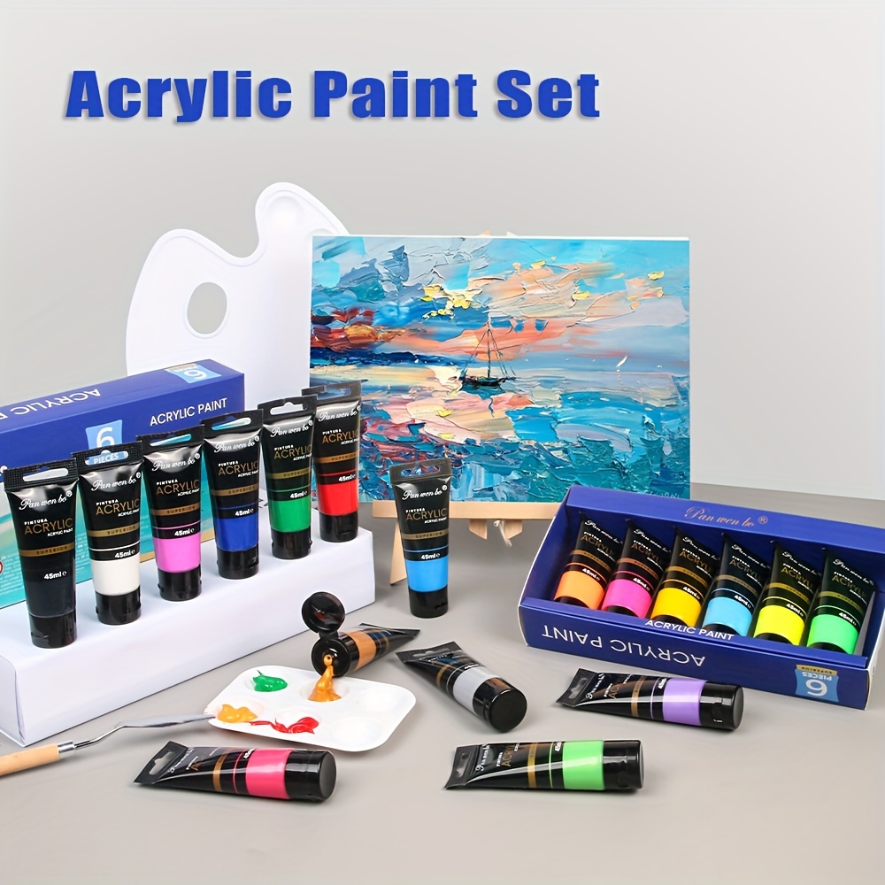 

Professional Acrylic Paint Set: 6 Basic Colors, 6 Metallic Colors, 6 Fluorescent Colors - Premium Quality Paint For Canvas, Fabric, & Wood, 45 Ml Tubes