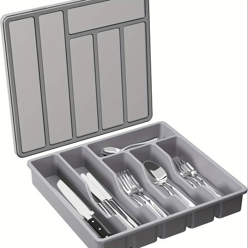 een opbergmand met zes vakken voor het organiseren van en kookgerei, een -organizer voor keukengerei, een afgesloten opbergdoos, een -organizer voor eetstokjes, messen en vorken, een dienblad voor opslag