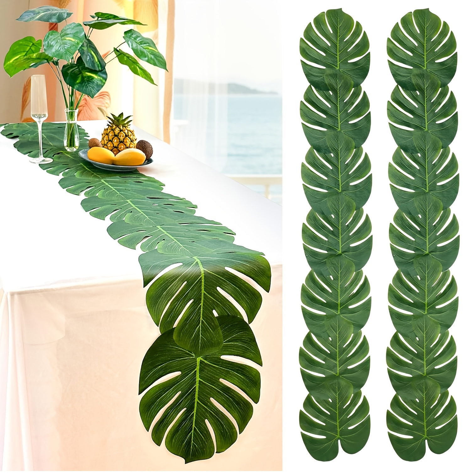 Image of 1/2 Pcs Artificial Palm Leaves Green Table Runner, Summer Tropical Leaf Table Runners For Wedding Tropical Hawaiian Luau Party Decorations